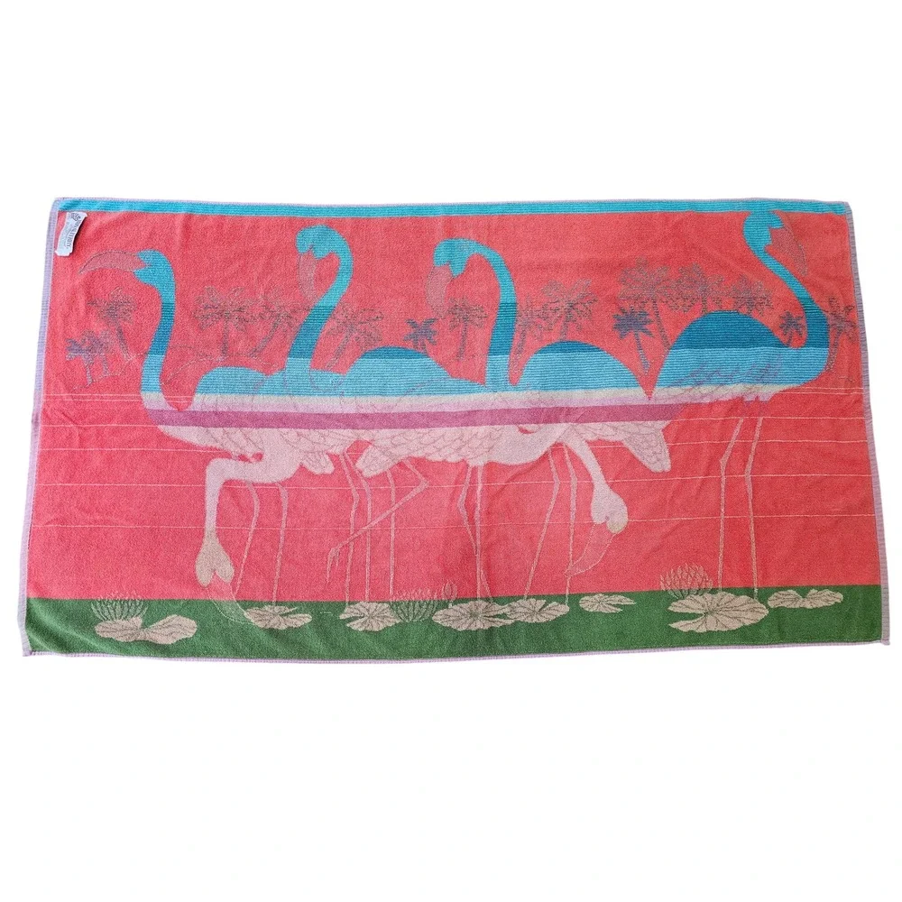 Vintage Royal Terry Beach Towel Coral Flamingo Tropical Made in Brazil 55